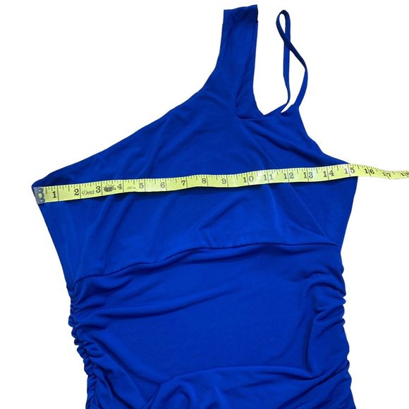 The Fashion Poet Dress Women’s Sz XL Blue One Shoulder Ruched Midi - Picture 7 of 9